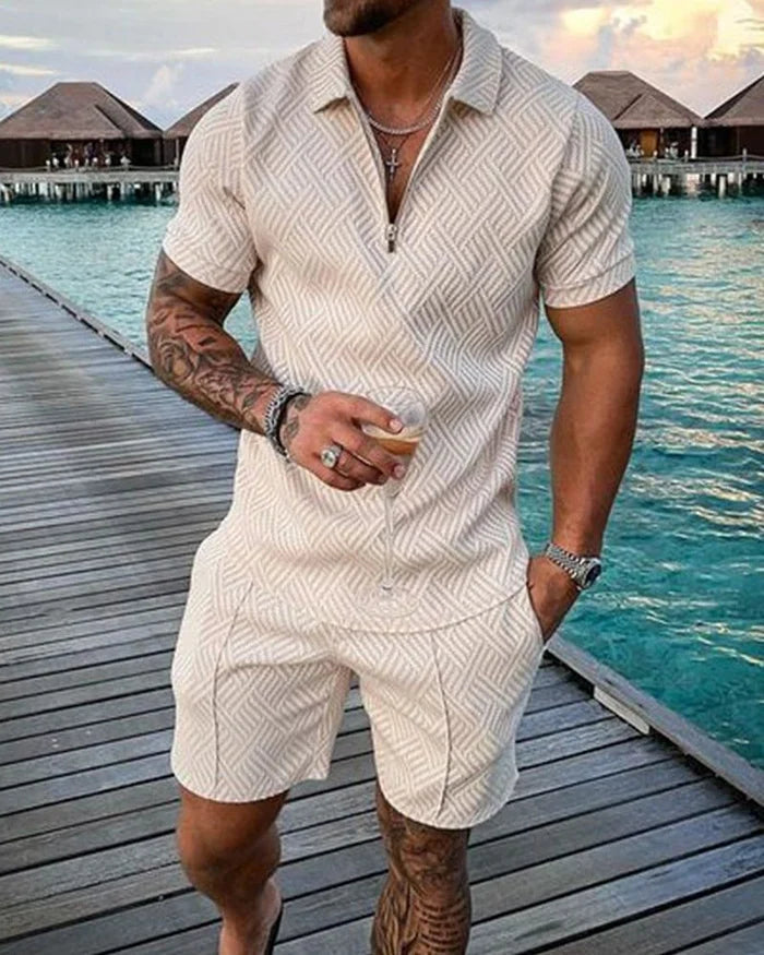 Elliot | Lapel Cream Polo Shirt & Shorts Set
